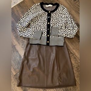 Leopard Print Cardigan and Brown Skirt Set
